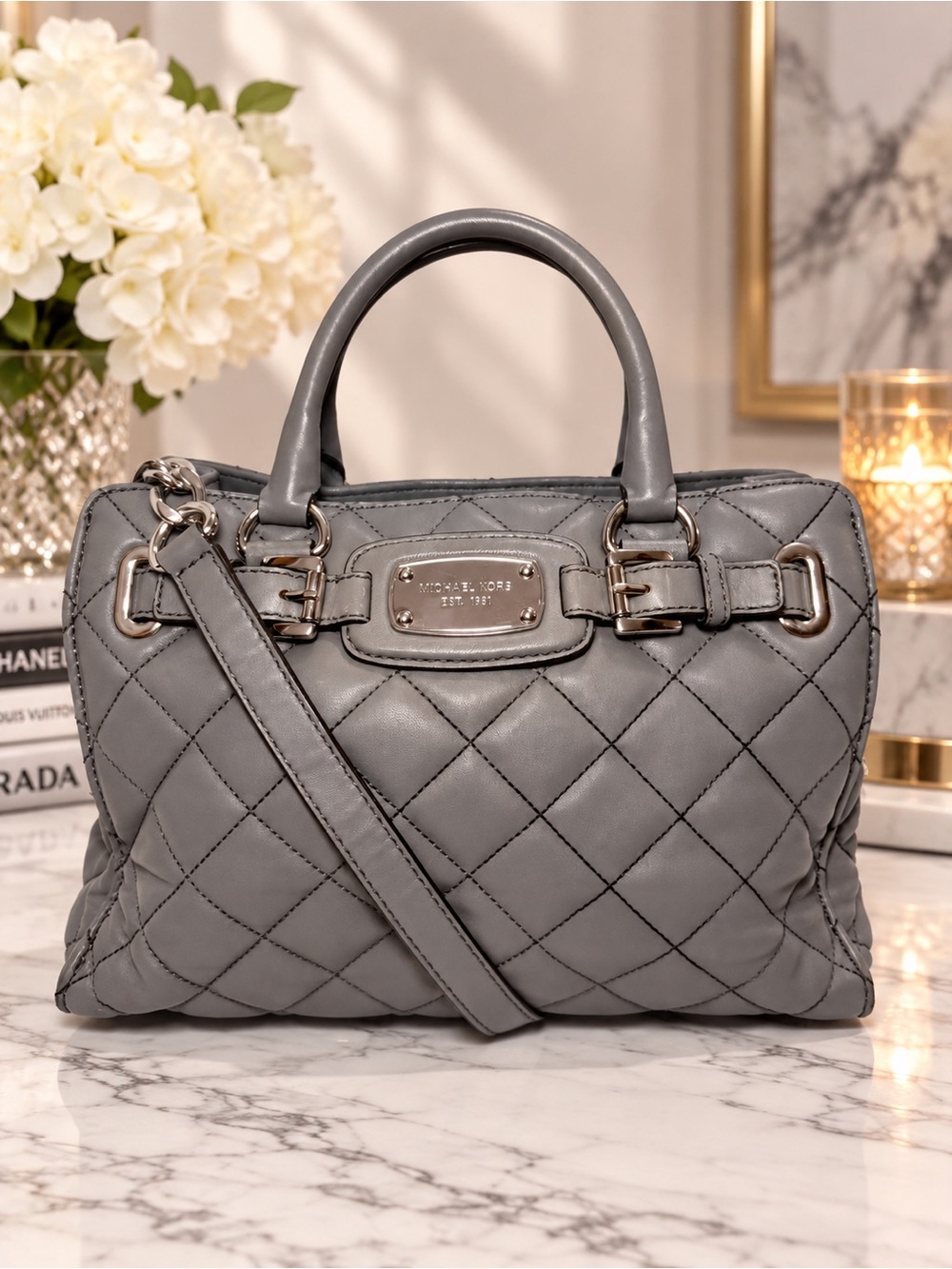Michael Michael Kors Gray Quilted Leather Satchel Crossbody